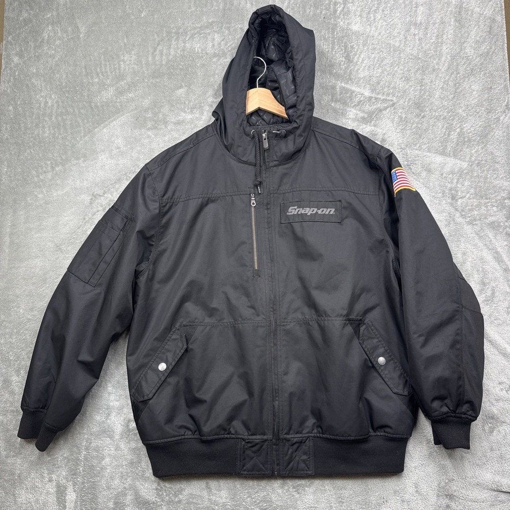 Snap-On Jacket Mens XL Black Hooded Insulated Bomber USA Flag Logo Workwear